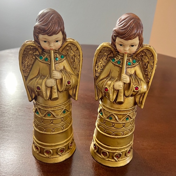 Vintage Set of 2 MCM Paper Mache Gold Angel Figurines Horn Christmas Decor Japan - Picture 3 of 13